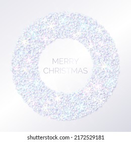 Silver Holographic Shiny Poster. Round Frame of Iridescent Foil Particles. Text Merry Christmas. Festive Banner Design. Vector Illustration.