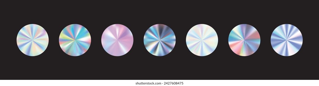 Silver holographic sticker with gradient effect, for label, badge, or sale stamp, foil hologram. Flat vector illustration isolated on white background.