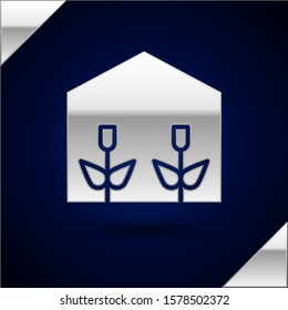 Silver Home greenhouse and plants icon isolated on dark blue background.  Vector Illustration