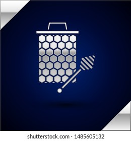 Silver Honeycomb with honey dipper stickicon isolated on dark blue background. Honey ladle. Honey cells symbol. Sweet natural food.  Vector Illustration