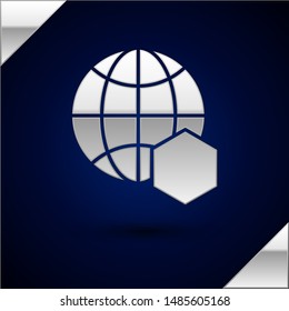 Silver Honeycomb map of the world icon isolated on dark blue background. World bee day. Concept ecological event.  Vector Illustration