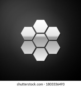 Silver Honeycomb sign icon isolated on black background. Honey cells symbol. Sweet natural food. Long shadow style. Vector.