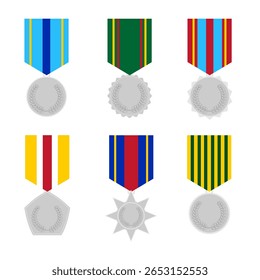 Silver honor badge set, round and star shapes, representing military achievements, flat art design style.
