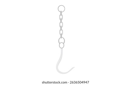 Silver Hook and Chain Vector, Meat Hanging Hook, Fishing Hook, Pointy Hook For Butcher Shop on white background