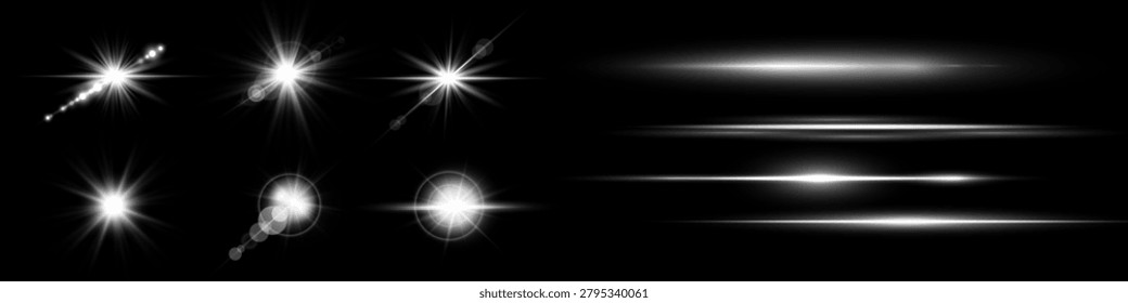 Silver horizontal lens flares set. Sun flash with rays or spotlight and bokeh. Glow flare light effect. Isolated on black background.Vector illustration.