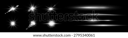 Silver horizontal lens flares set. Sun flash with rays or spotlight and bokeh. Glow flare light effect. Isolated on black background.Vector illustration.