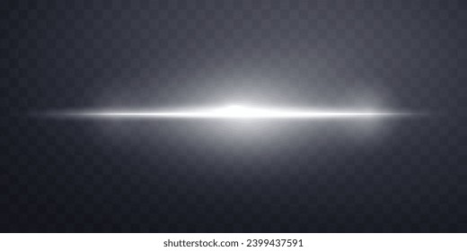 Silver horizontal lensflare. Light flash with rays or spotlight and bokeh. Silver glow flare light effect. Vector illustration. Isolated on dark transparent background.