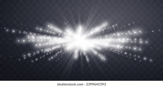 Silver horizontal lensflare. Light flash with rays or spotlight and bokeh. Silver glow flare light effect. Vector illustration. Isolated on dark transparent background.