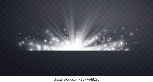 Silver horizontal lensflare. Light flash with rays or spotlight and bokeh. Silver glow flare light effect. Vector illustration. Isolated on dark transparent background.