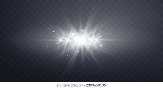 Silver horizontal lensflare. Light flash with rays or spotlight and bokeh. Silver glow flare light effect. Vector illustration. Isolated on dark transparent background.