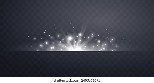 Silver horizontal lensflare. Light flash with rays or spotlight and bokeh. Silver glow flare light effect. Vector illustration. Isolated on dark transparent background.