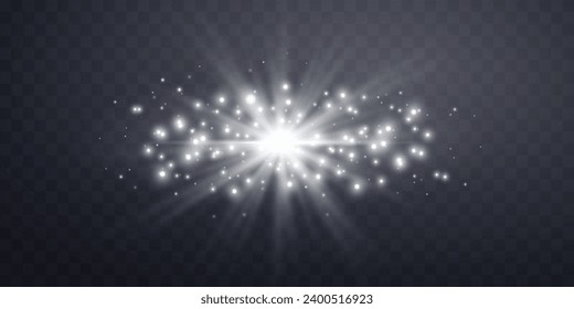 Lensflare horizontal plateada. Brillo ligero con rayos o foco y bokeh. Efecto luminoso de resplandor plateado. Ilustración vectorial. Aislado sobre fondo transparente oscuro.