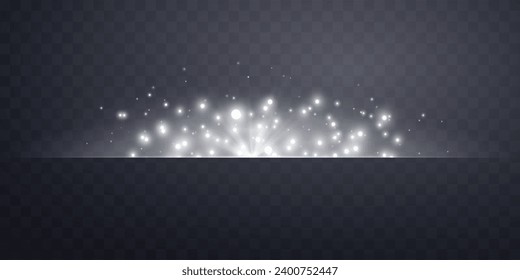 Silver horizontal lensflare. Light flash with rays or spotlight and bokeh. Silver glow flare light effect. Vector illustration. Isolated on dark transparent background.