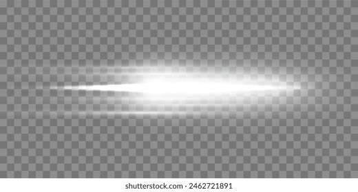 Silver horizontal lensflare. Light flash with rays or spotlight and bokeh. Silver glow flare light effect. Vector illustration. Isolated on transparent background.