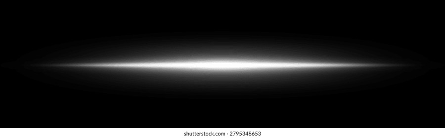 Silver horizontal lensflare. Light flash with rays or spotlight and bokeh. Silver glow flare light effect. Vector illustration. Isolated on black background.