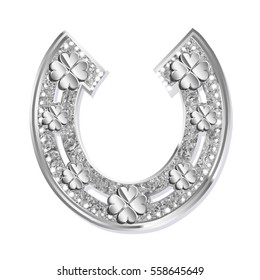 Silver horseshoe with four-leaf clover on a white background. Vector illustration