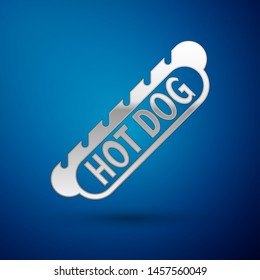 Silver Hotdog sandwich icon isolated on blue background. Sausage icon. Fast food sign. Vector Illustration