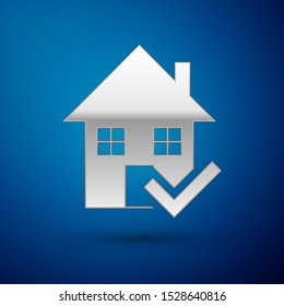Silver House with check mark icon isolated on blue background. Real estate agency or cottage town elite class.  Vector Illustration