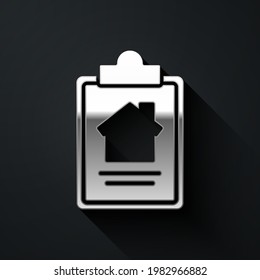 Silver House contract icon isolated on black background. Contract creation service, document formation, application form composition. Long shadow style. Vector Illustration