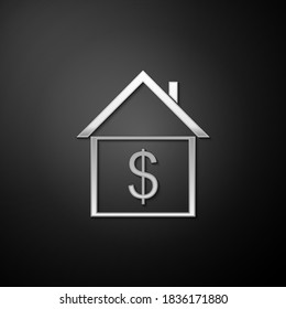 Silver House with dollar icon isolated on black background. Home and money. Real estate concept. Long shadow style. Vector.