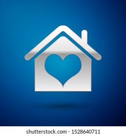 Silver House with heart shape icon isolated on blue background. Love home symbol. Family, real estate and realty.  Vector Illustration