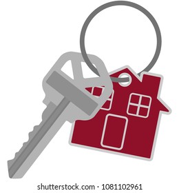 Silver House Key on Key Ring Illustration - Single silver house key and red house tag on silver key ring