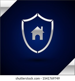 Silver House with shield icon isolated on dark blue background. Insurance concept. Security, safety, protection, protect concept.  Vector Illustration
