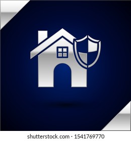 Silver House with shield icon isolated on dark blue background. Insurance concept. Security, safety, protection, protect concept.  Vector Illustration