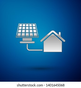 Silver House with solar panel icon isolated on blue background. Ecology, solar renewable energy. Eco-friendly house. Environmental Protection. Vector Illustration