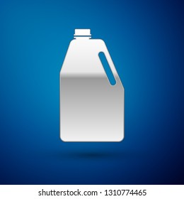 Silver Household chemicals blank plastic bottle icon isolated on blue background. Liquid detergent or soap, stain remover, laundry bleach. Vector Illustration