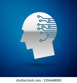 Silver Human brain as digital circuit board icon isolated on blue background. Artificial Intelligence. Human head outline with circuit lines inside. Vector Illustration