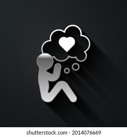 Silver Human head with heart icon isolated on black background. Love concept with human head. Long shadow style. Vector