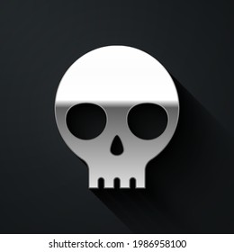 Silver Human skull icon isolated on black background. Long shadow style. Vector