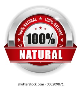Silver hundred percent natural badge with red ribbon