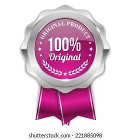 Silver hundred percent original badge with purple ribbon on white background