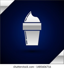 Silver Ice cream in waffle cone icon isolated on dark blue background. Sweet symbol.  Vector Illustration