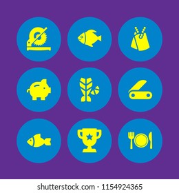 silver icon. 9 silver set with plate fork and knife, swiss army knife, coin and trophy vector icons for web and mobile app