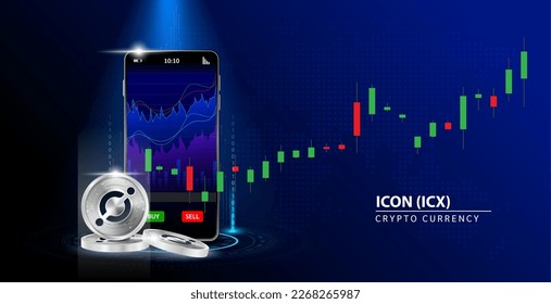 Silver ICON (ICX) Cryptocurrency blockchain. Online coin Blue background.  Smartphone Cryptocurrency Trading and playing stocks. Secure mobile banking finance. Vector illustration 3D.