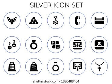 silver icon set. 15 filled silver icons. Included Jewel, Earrings, Ingot, Ring, Belly piercing, Bullets, Grater, Merit, Jewelry icons