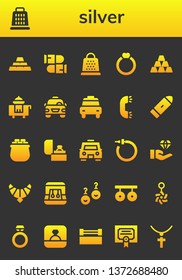 silver icon set. 26 filled silver icons.  Simple modern icons about  - Ingots, Grater, Bullets, Ring, Ingot, Room service, Taxi, Bullet, Gold, Earrings, Jewelry, Jewel, Rings