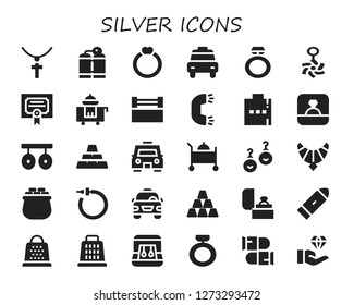  silver icon set. 30 filled silver icons. Simple modern icons about  - Jewelry, Oxygen tank, Ring, Taxi, Belly piercing, Merit, Room service, Hip flask, Rings, Ingots, Earrings