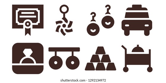  silver icon set. 8 filled silver icons. Simple modern icons about  - Ring, Merit, Rings, Belly piercing, Ingot, Earrings, Room service, Taxi