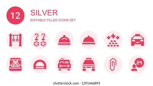 silver icon set. Collection of 12 filled silver icons included Rings, Earrings, Tray, Room service, Ingots, Ring, Taxi, Clip