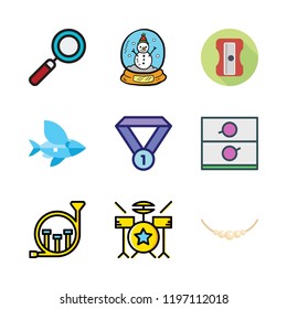 silver icon set. vector set about sharpener, drum set, necklace and french horn icons set.