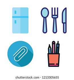 silver icon set. vector set about cutlery, pens, fridge and paper clip icons set.