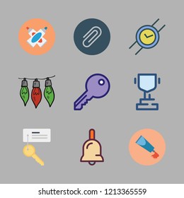 silver icon set. vector set about paint tube, key, wristwatch and paper clip icons set.