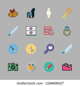 silver icon set. vector set about camera, gorilla, medal and knife icons set.