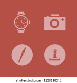 silver icon. silver vector icons set fountain pen, camera, watch and paper clip