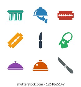 silver icons. Trendy 9 silver icons. Contain icons such as knife, dish, home key tag, razor, dish serving, filter. silver icon for web and mobile.