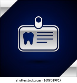 Silver Id card with tooth icon isolated on dark blue background.  Vector Illustration